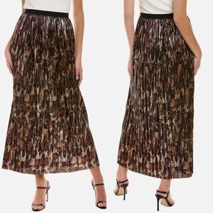 Johnny Was Metallic Animal Printed Pleated Idinia Maxi Skirt